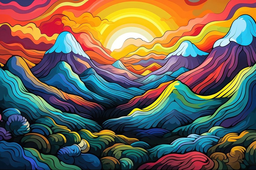 Submit mountain in the style of graphic novel painting art outdoors.