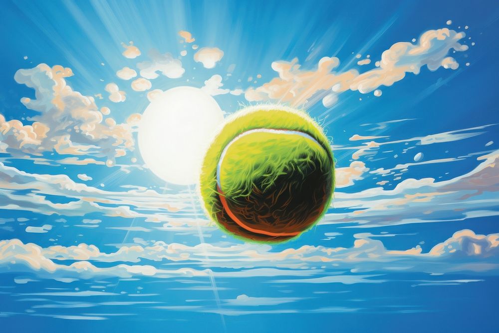 Flying tennis ball sphere sunlight outdoors.