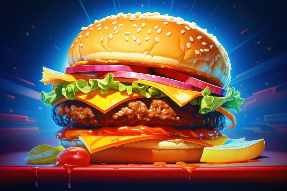Juicy burger ketchup food advertisement.