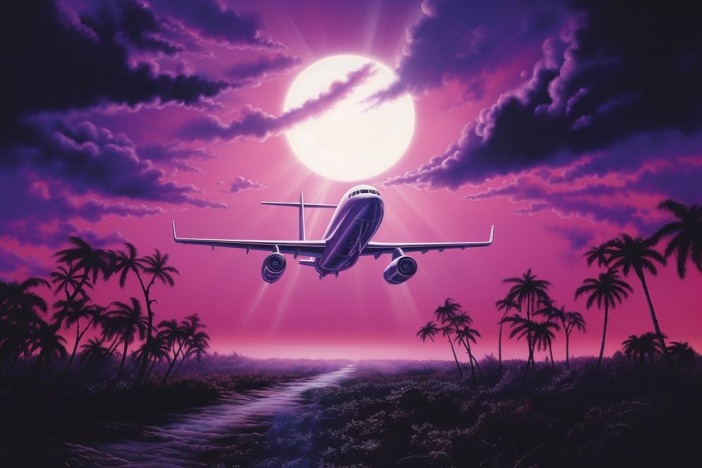Purple sky aircraft airplane airliner.
