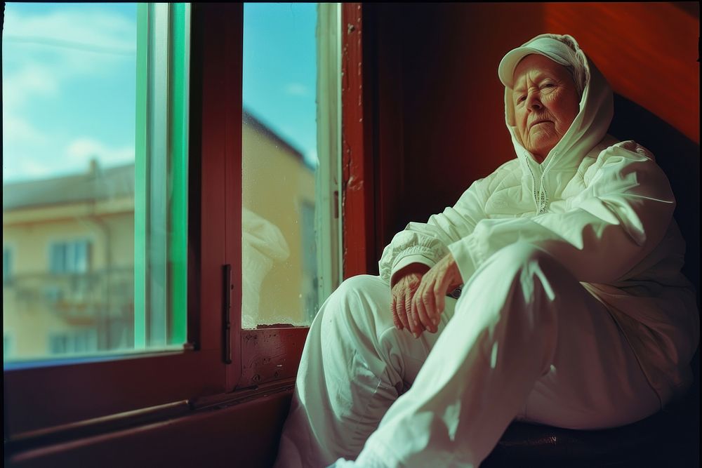 Old woman wearing white streetwear clothes sitting window adult.