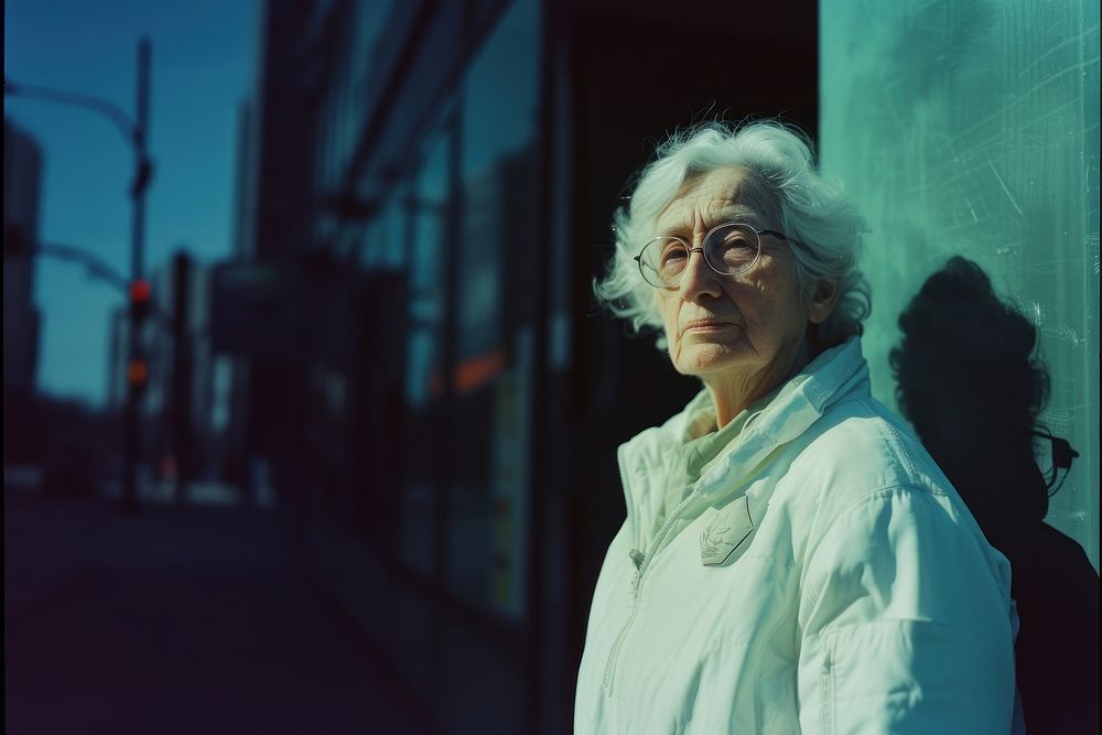 Old woman wearing white streetwear clothes glasses adult contemplation.