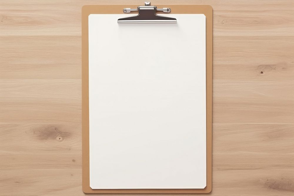 Top view long and dark color clipboard and white paper document flooring absence.