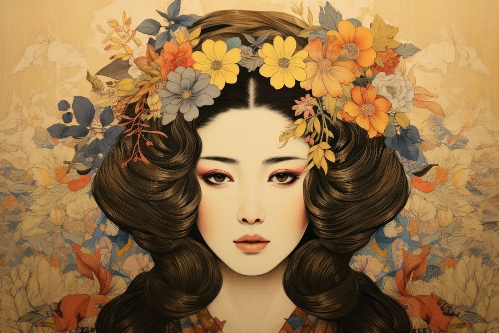 Woman with flowers crown art painting portrait.