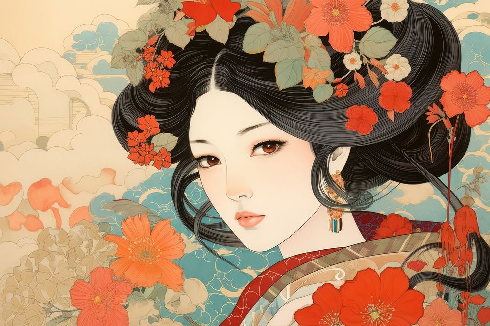 Woman with flowers crown art adult anime.