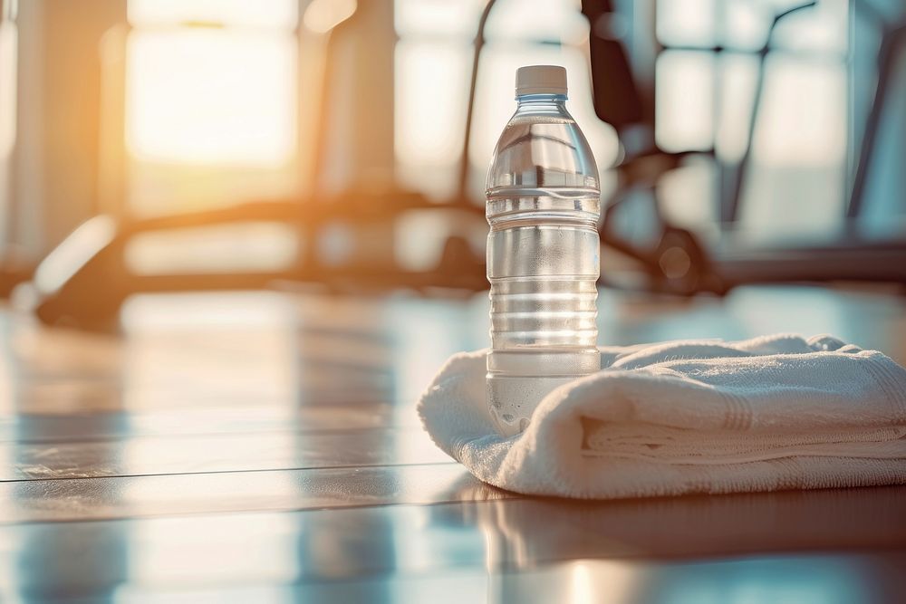 Water bottle and white towel refreshment reflection sunlight.