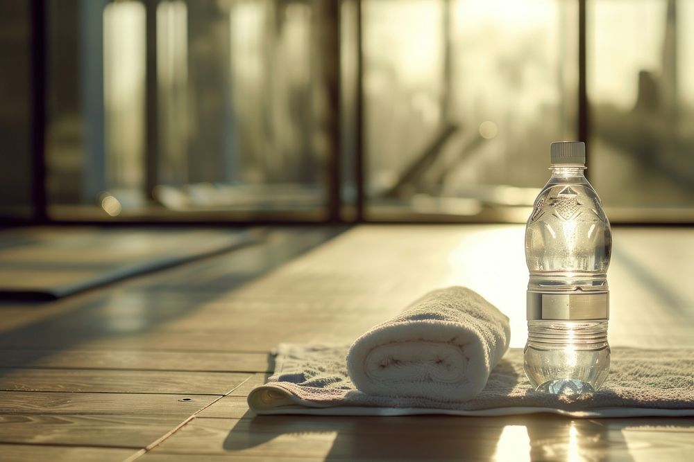 Water bottle and white towel architecture refreshment reflection.