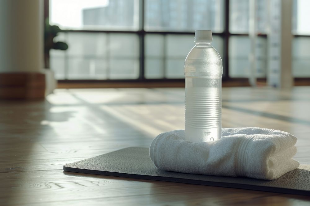Water bottle and white towel exercising relaxation seasoning.