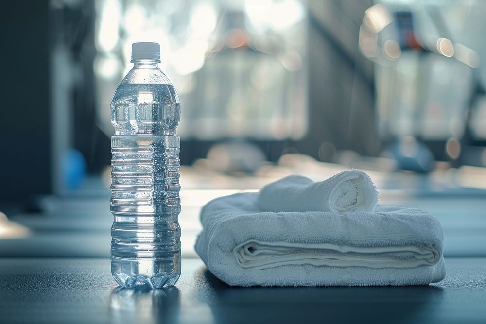 Water bottle and white towel exercising drinkware beverage.