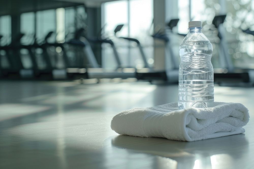 Water bottle and white towel gym exercising flooring.