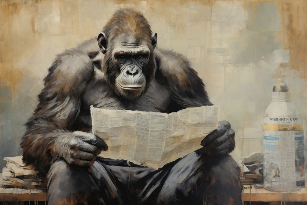 A gorilla reading newspaper wildlife painting monkey.