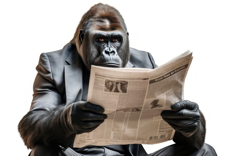 A gorilla reading newspaper wildlife animal mammal.