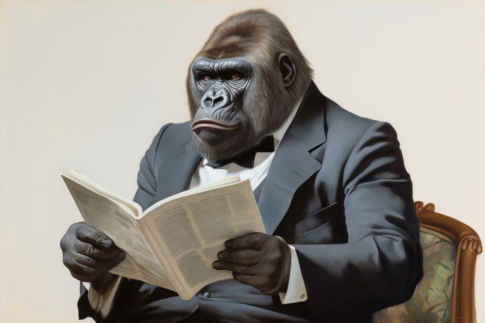 A gorilla reading newspaper animal mammal adult.