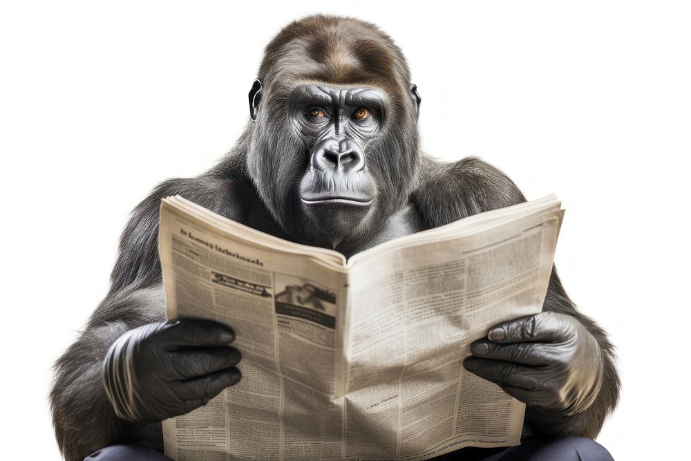 A gorilla reading newspaper publication wildlife mammal.