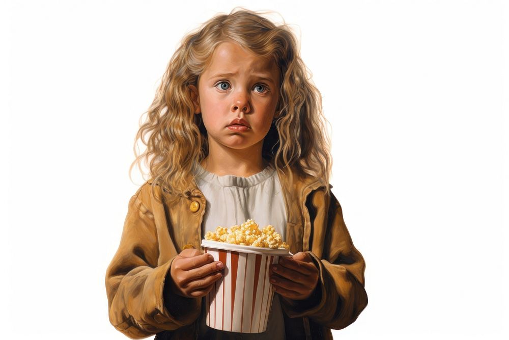 Popcorn holding movie child.