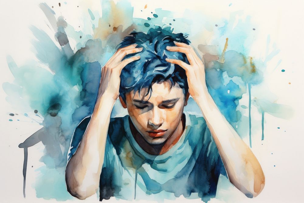 Boy with headache aesthetic background portrait painting drawing.