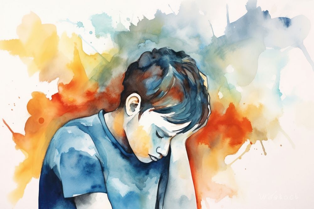 Boy with headache aesthetic background painting art photography.
