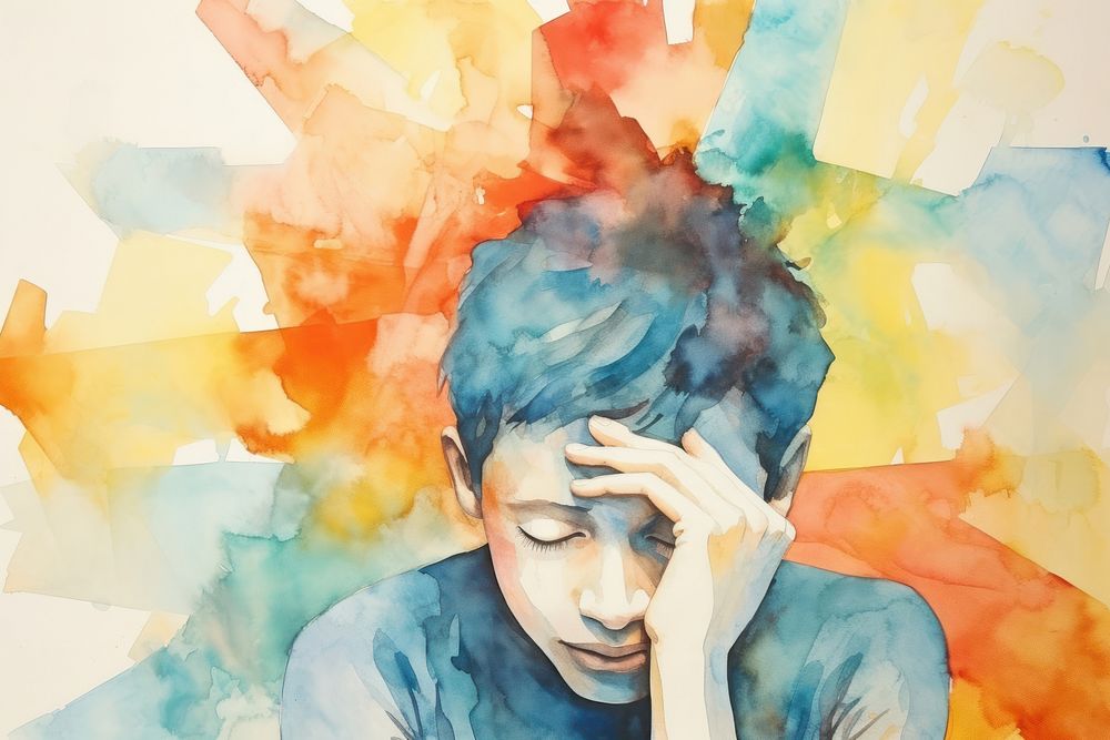 Boy with headache aesthetic background painting portrait adult.