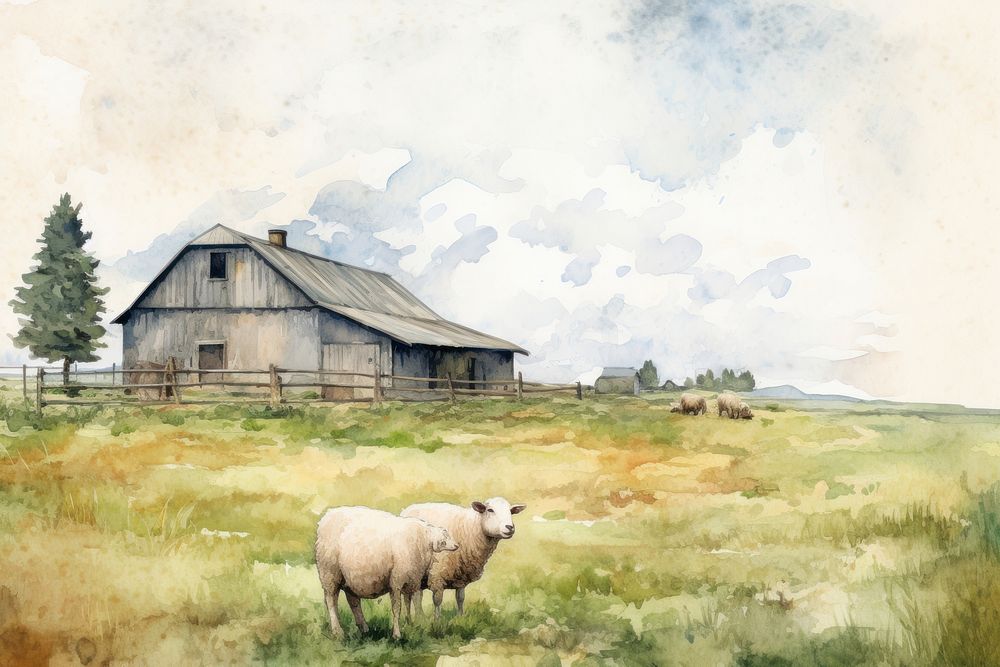Farm with a barn and sheep aesthetic background farm architecture countryside.