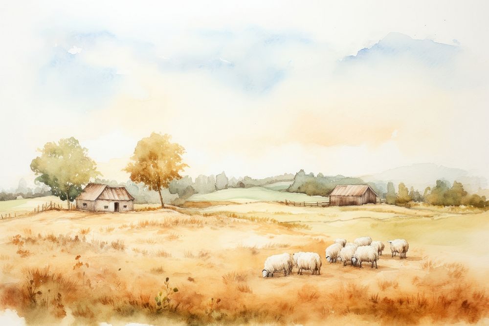 Farm with a barn and sheep aesthetic background countryside landscape grassland.