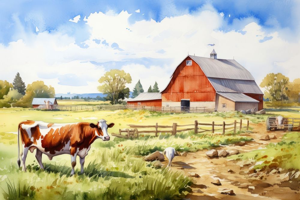 Farm with a barn and cows aesthetic background farm architecture countryside.