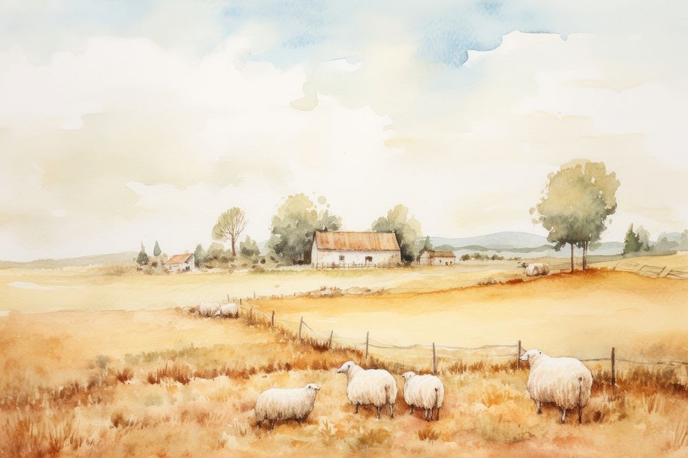 Farm with a barn and sheep aesthetic background farm countryside landscape.
