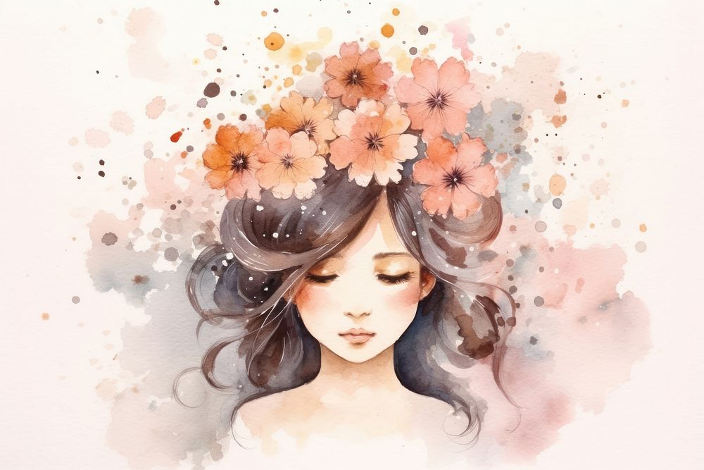 Girl with flower head aesthetic background painting portrait adult.