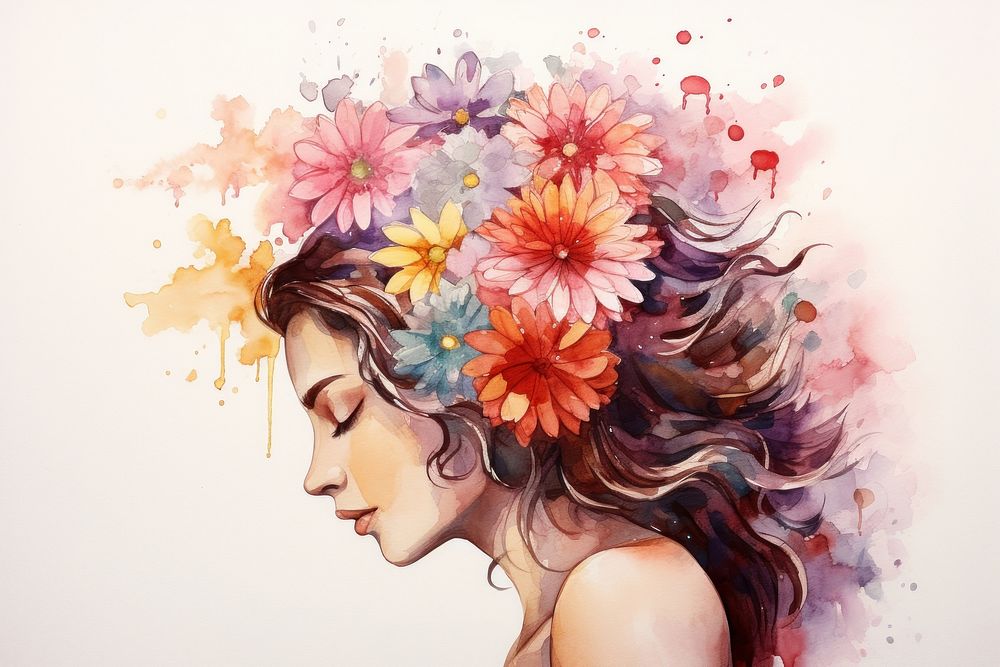 Girl with flower head aesthetic background painting portrait pattern.