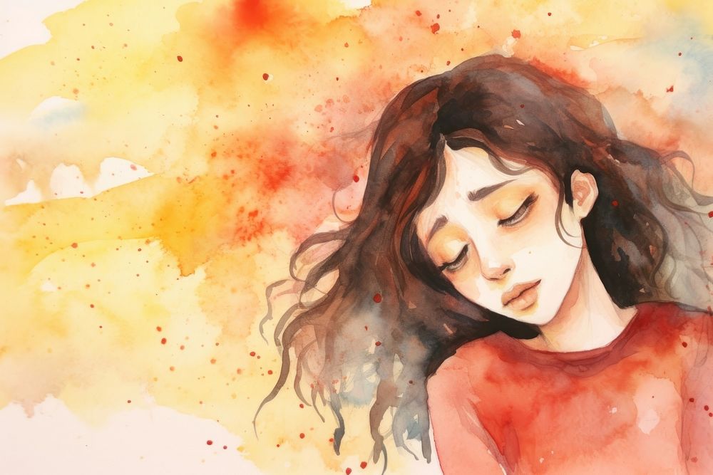 Girl with stomachache aesthetic background painting portrait adult.