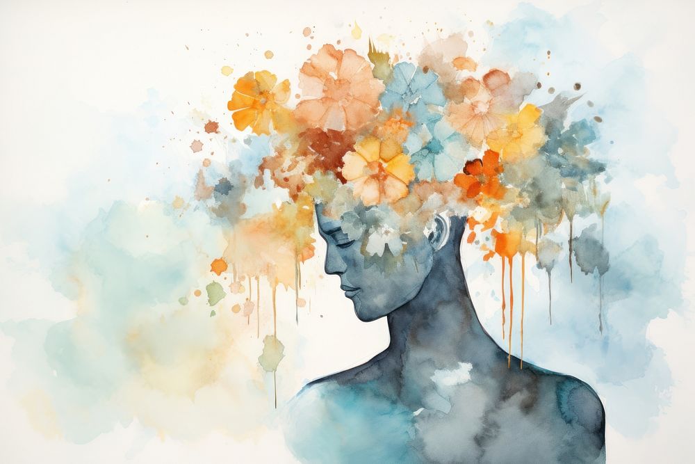 Man with flower head aesthetic background portrait painting plant.