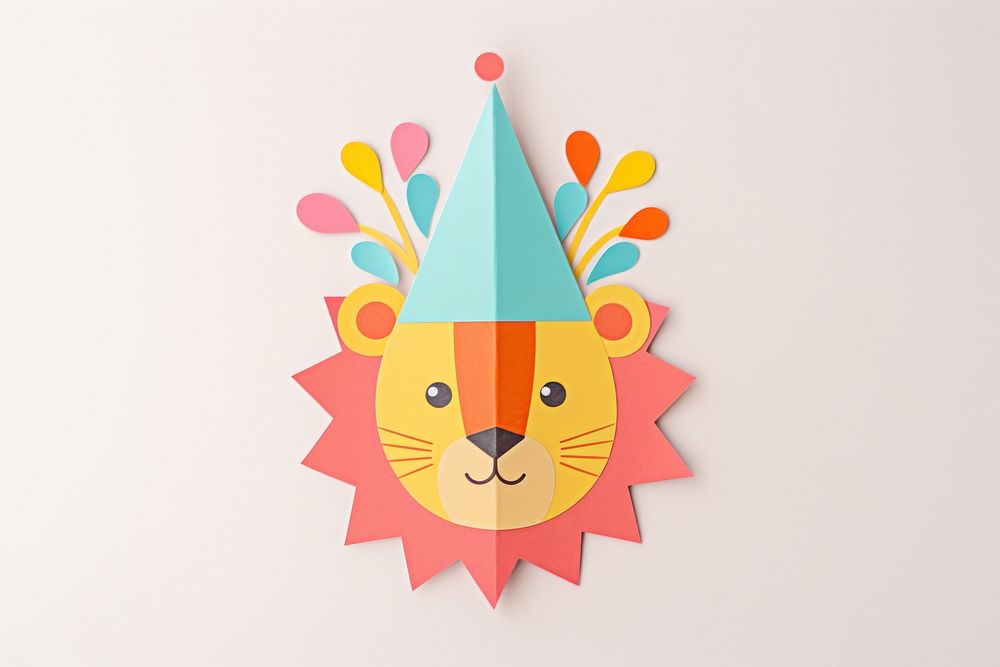 Lion wearing party hat craft paper representation.
