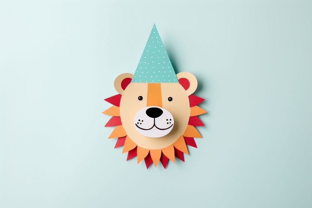 Lion wearing party hat craft anthropomorphic representation.