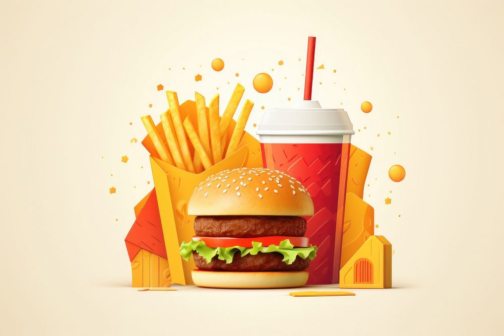Burger set ketchup fries food.