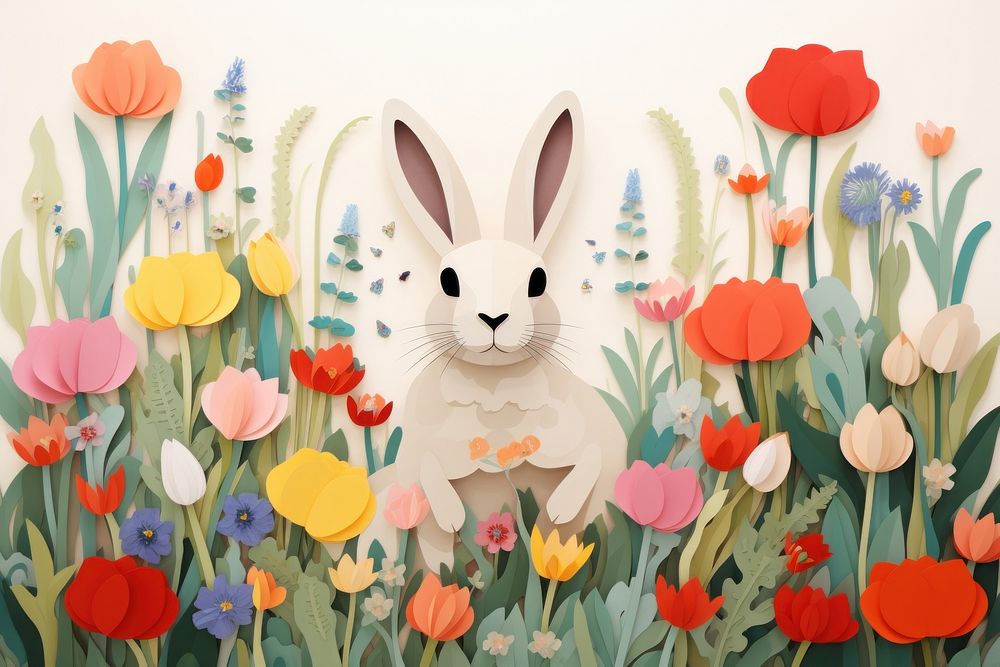 Rabbit in flower garden art painting animal.