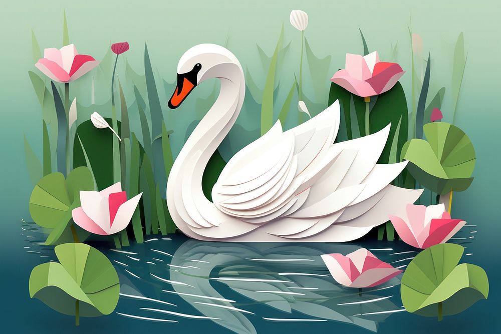 Swan in lily pond animal bird art.