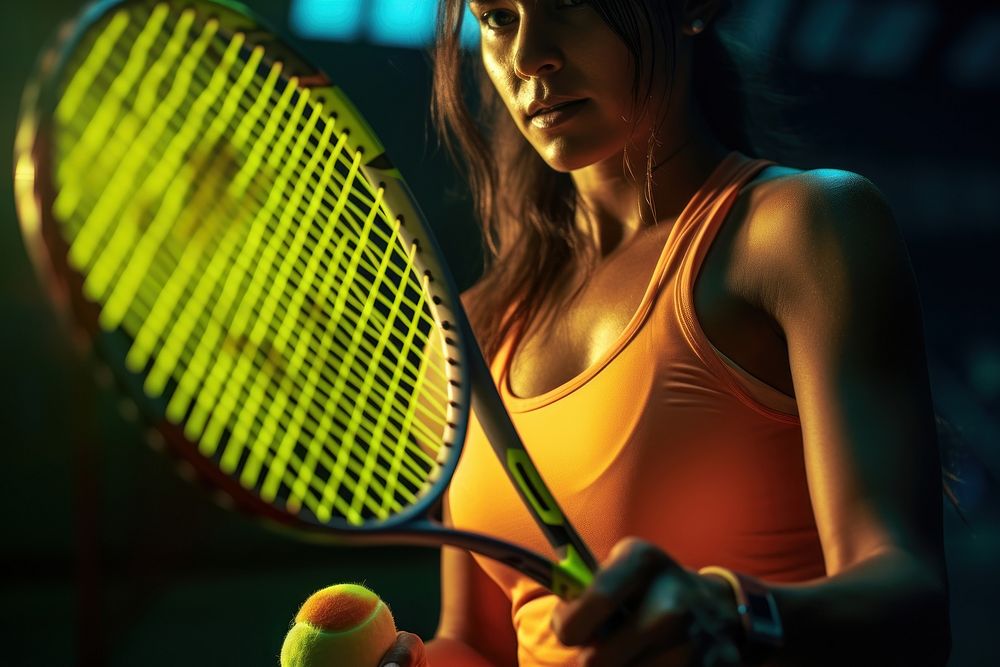 Athlete playing tennis racket holding sports.