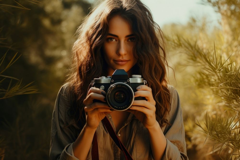 Woman holding camera photography portrait photographing.