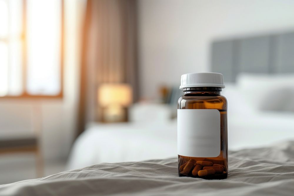 Brown medicine bottle bedroom pill relaxation.