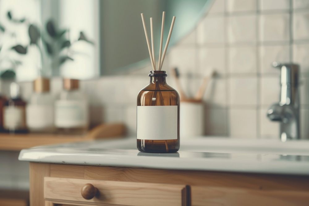 Brown bottle reed diffuser bathroom basketball container.
