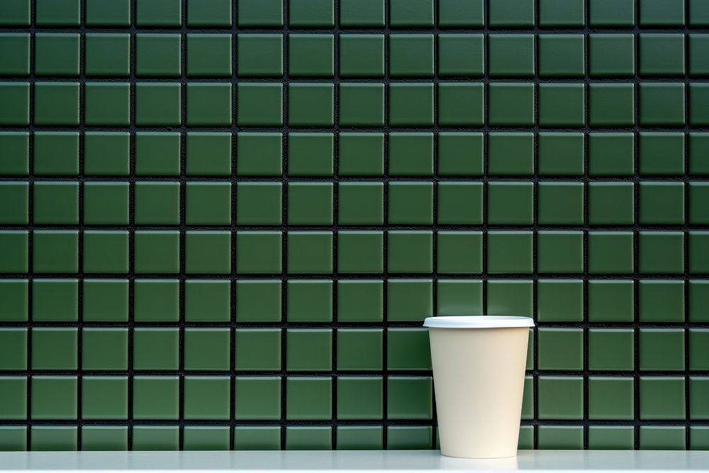 A coffee cup is on a black grid fence wall architecture green.