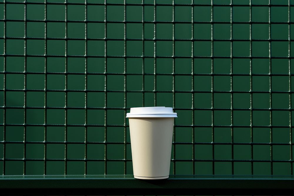 A paper coffee cup is on a black grid fence wall architecture green.
