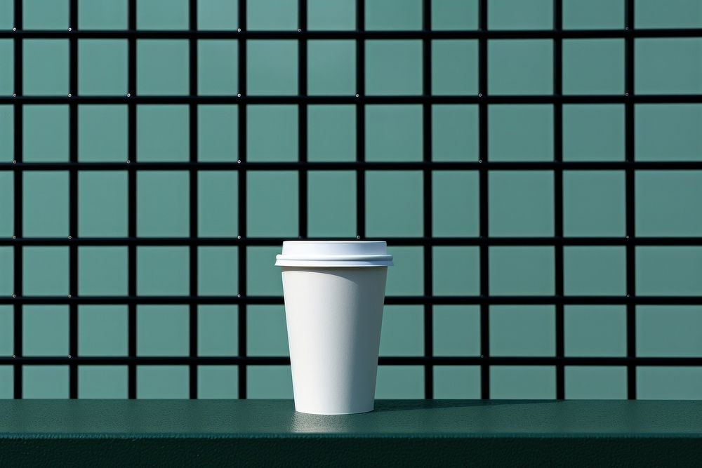 A paper coffee cup is on a black grid fence wall mug refreshment.