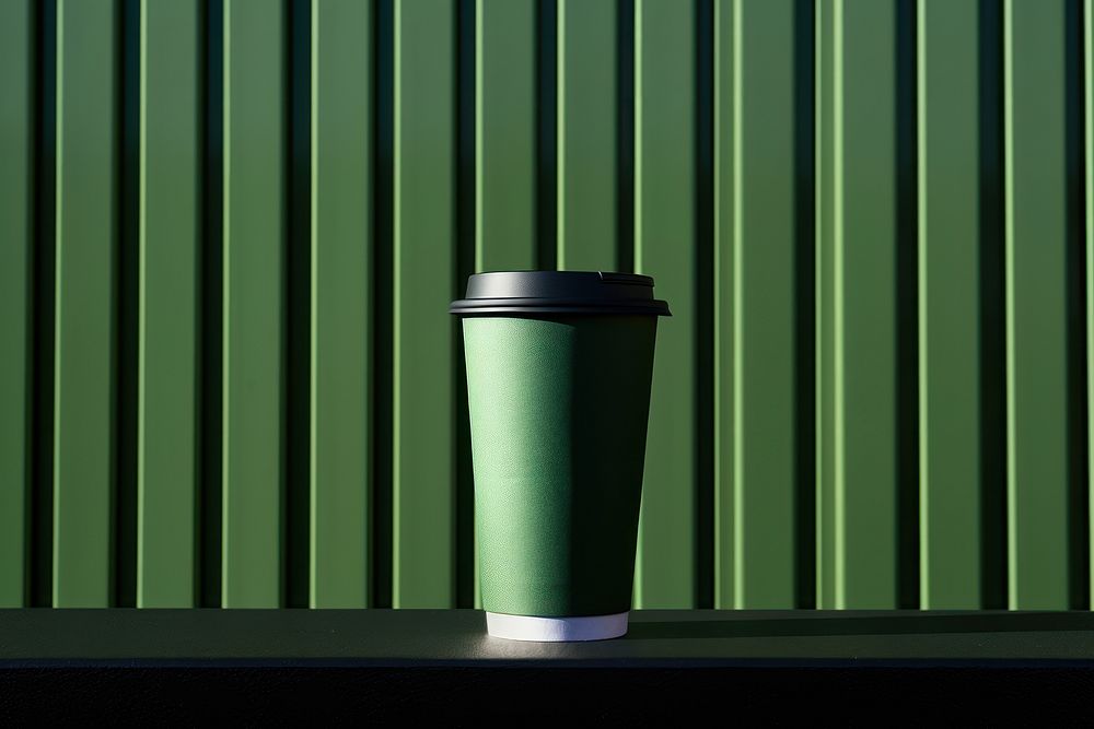 A paper coffee cup is on a black grid fence green mug refreshment.