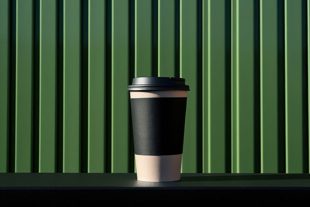 A paper coffee cup is on a black grid fence drink green mug.