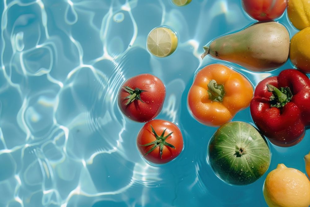 Vegetables and fruits swimming tomato plant.