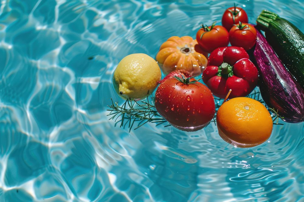 Vegetables and fruits outdoors swimming lemon.