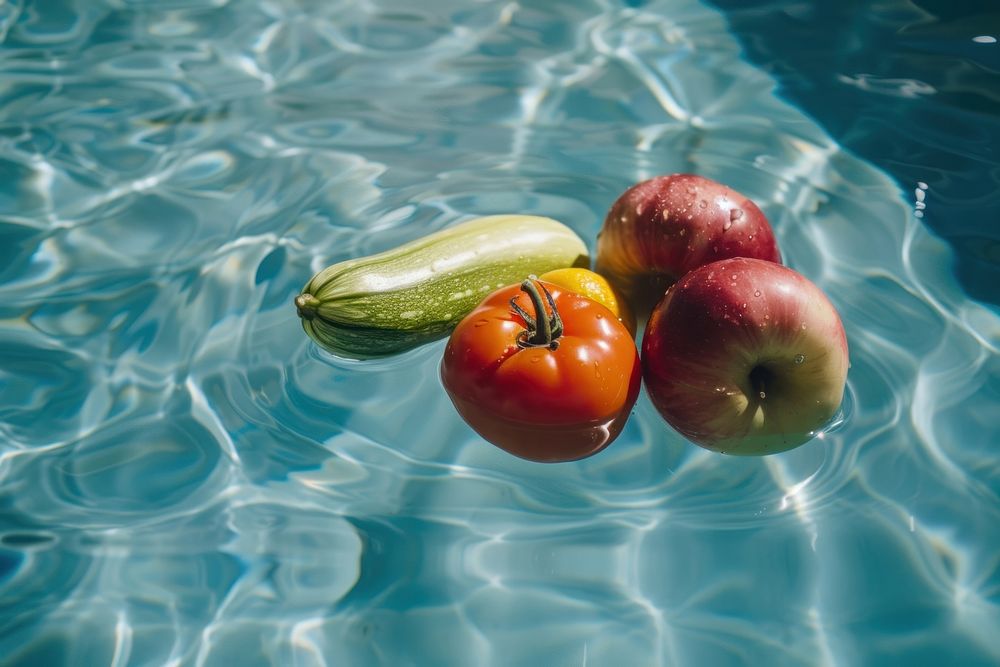 Vegetables and fruits floating swimming outdoors.