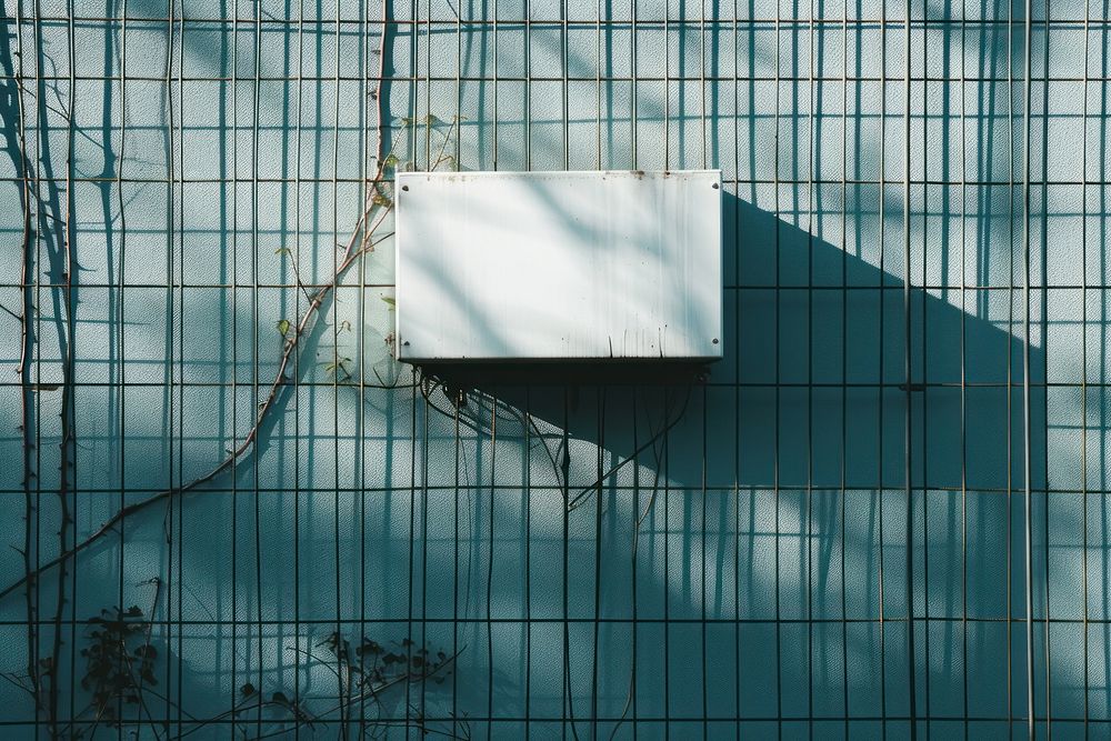 A white box is on a black grid fence wall architecture blue.