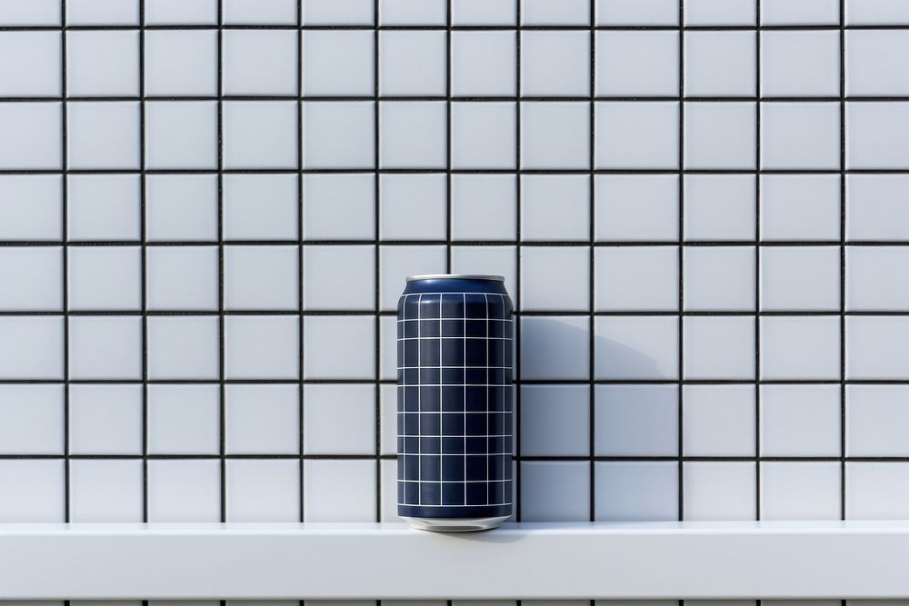 A white can is on a black grid fence wall refreshment technology.