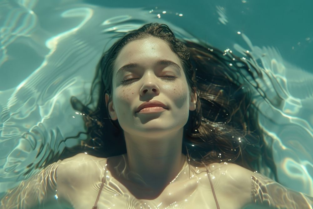 Woman swimming sunlight portrait.
